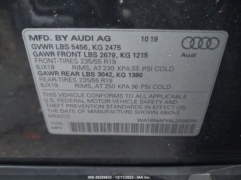 2020 Audi Q5 Premium Plus 45 Tfsi Quattro S Tronic VIN: WA1BNAFY4L2035785 Lot: 38255633