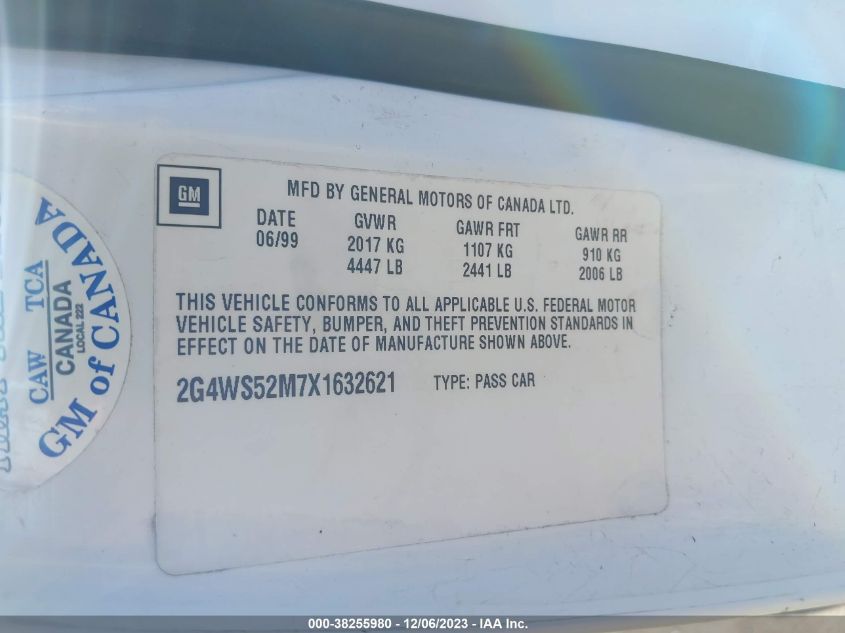 1999 Buick Century Custom VIN: 2G4WS52M7X1632621 Lot: 38255980