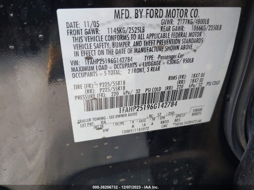 2006 Ford Five Hundred Limited VIN: 1FAHP25196G142784 Lot: 38256732