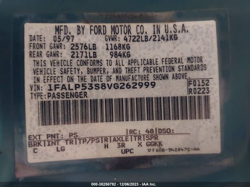 1997 Ford Taurus Lx VIN: 1FALP53S8VG262999 Lot: 38256792