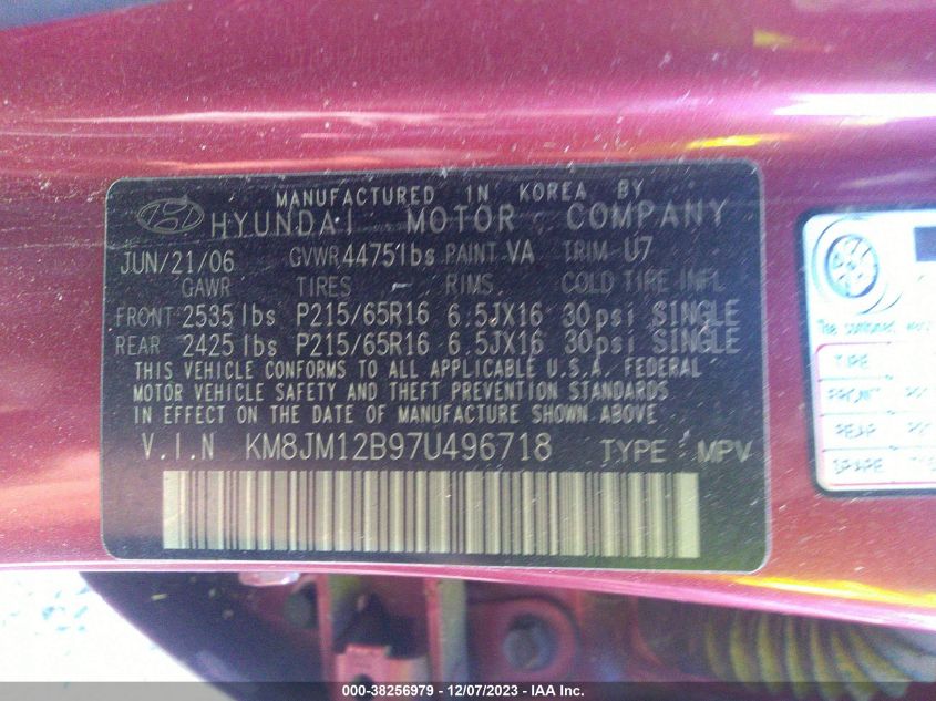 2007 Hyundai Tucson Gls VIN: KM8JM12B97U496718 Lot: 38256979