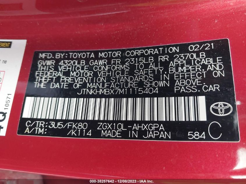 2021 Toyota C-Hr Xle VIN: JTNKHMBX7M1115404 Lot: 38257642