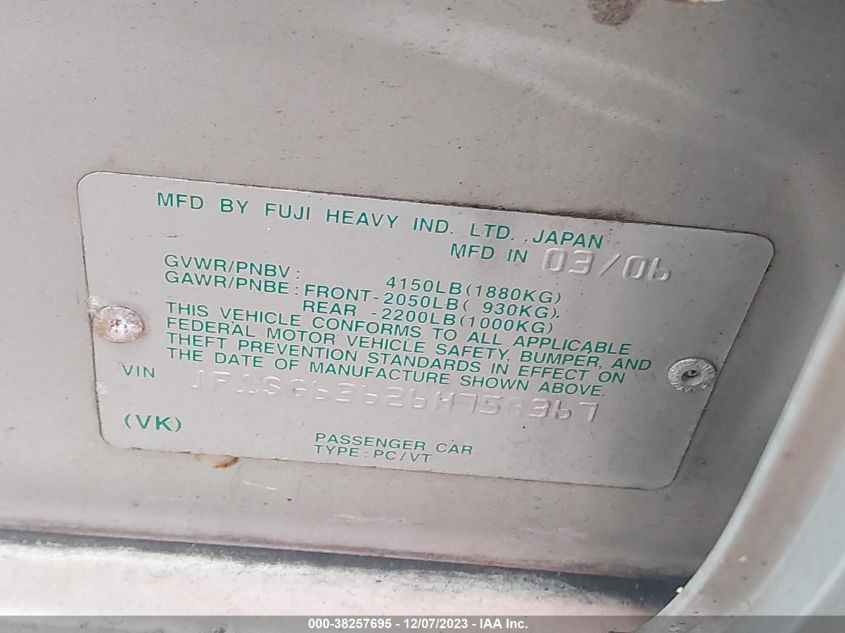 2006 Subaru Forester 2.5X VIN: JF1SG63626H759367 Lot: 38257695