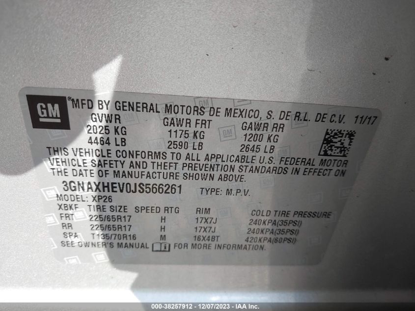 3GNAXHEV0JS566261 2018 Chevrolet Equinox Ls