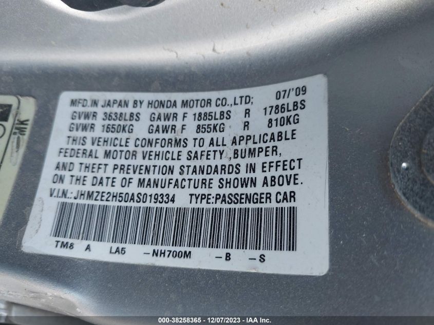 2010 Honda Insight Lx VIN: JHMZE2H50AS019334 Lot: 38258365