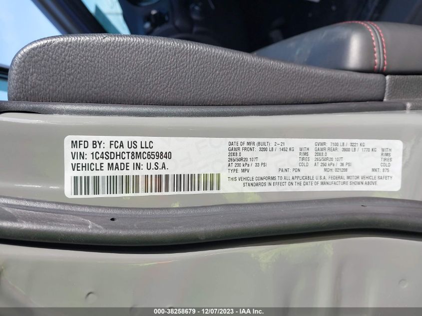 2021 Dodge Durango R/T Rwd VIN: 1C4SDHCT8MC659840 Lot: 38258679