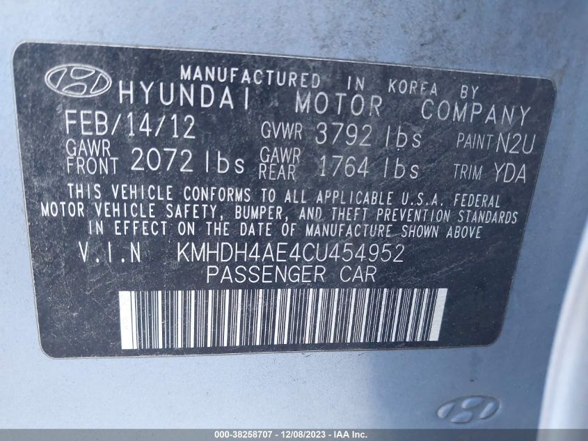 2012 Hyundai Elantra Gls Ulsan Plant VIN: KMHDH4AE4CU454952 Lot: 38258707