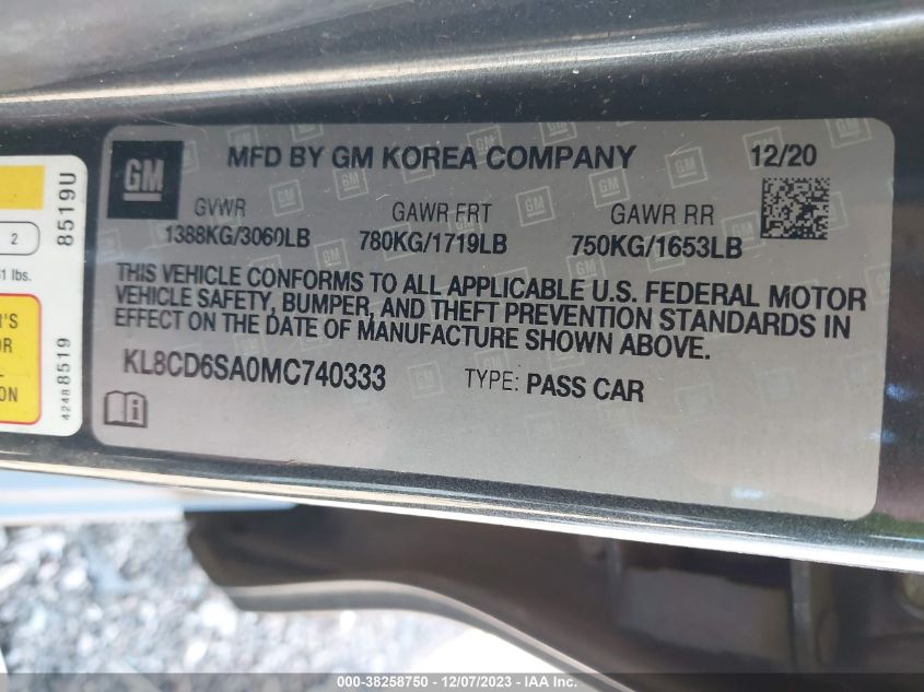 2021 Chevrolet Spark Fwd 1Lt Automatic VIN: KL8CD6SA0MC740333 Lot: 38258750