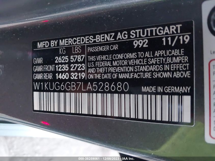 2020 Mercedes-Benz S 450 VIN: W1KUG6GB7LA528680 Lot: 38259061