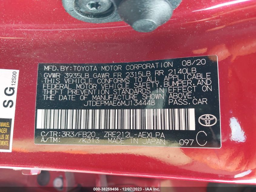 JTDEPMAE6MJ134448 2021 Toyota Corolla Le