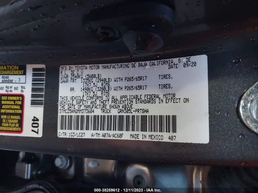 3TMCZ5AN2MM373604 2021 Toyota Tacoma Trd Sport