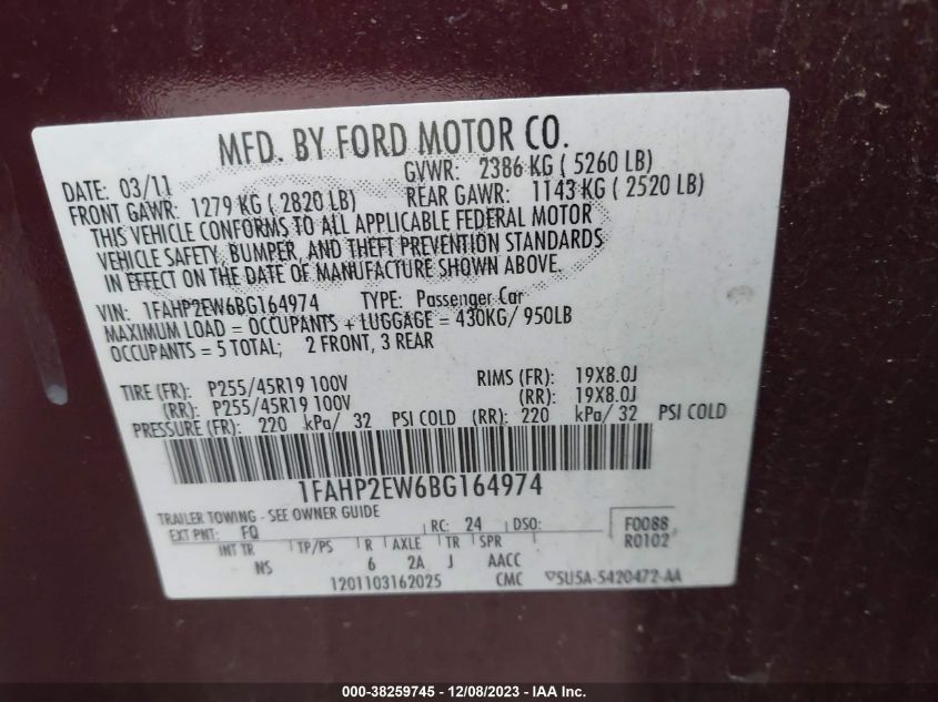 2011 Ford Taurus Sel VIN: 1FAHP2EW6BG164974 Lot: 38259745