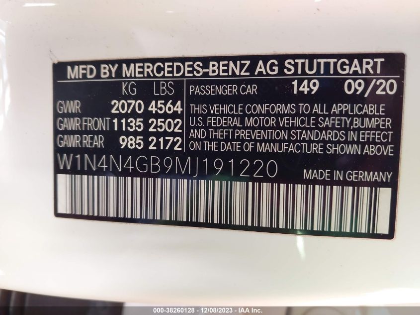 2021 Mercedes-Benz Gla 250 VIN: W1N4N4GB9MJ191220 Lot: 38260128