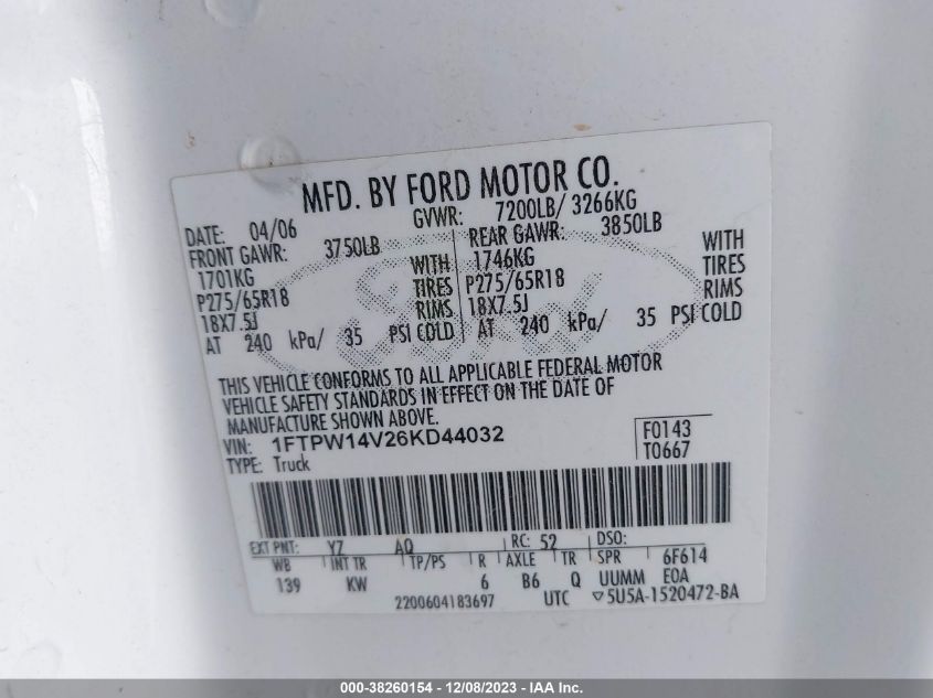 1FTPW14V26KD44032 2006 Ford F-150 Fx4/Lariat/Xlt