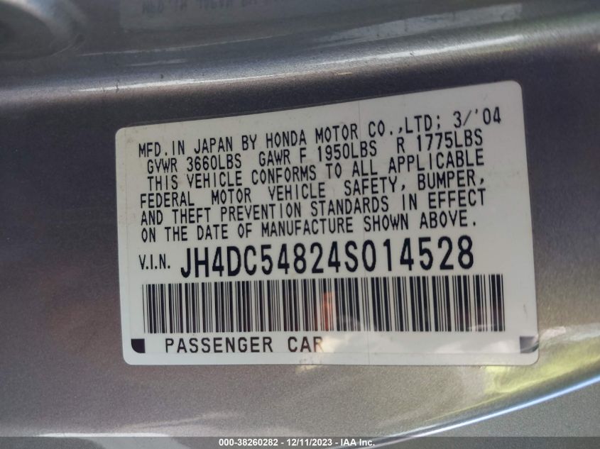 2004 Acura Rsx VIN: JH4DC54824S014528 Lot: 38260282