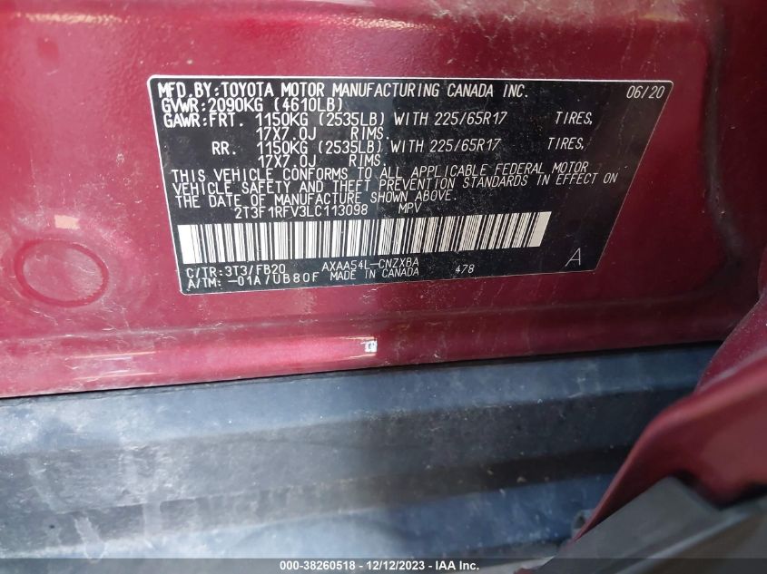 2T3F1RFV3LC113098 2020 Toyota Rav4 Le