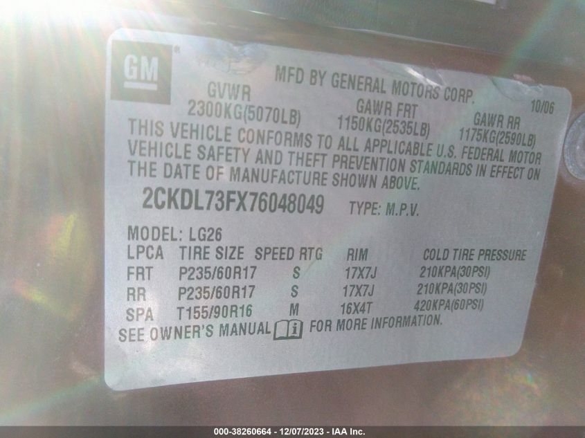2007 Pontiac Torrent VIN: 2CKDL73FX76048049 Lot: 38260664
