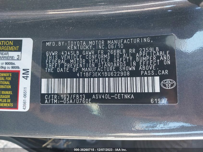 4T1BF3EK1BU622908 2011 Toyota Camry Le