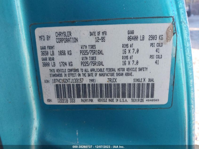 1996 Dodge Ram 1500 VIN: 1B7HC16ZXTJ133157 Lot: 38260737