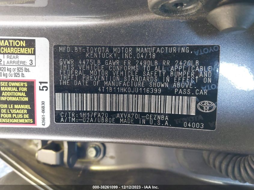 4T1B11HK0JU116399 2018 Toyota Camry Le