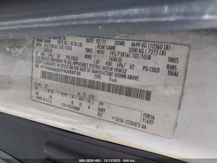 2015 Ford Transit T-350 Hd VIN: 01FTWS4XG7FKA5973 Lot: 38261402