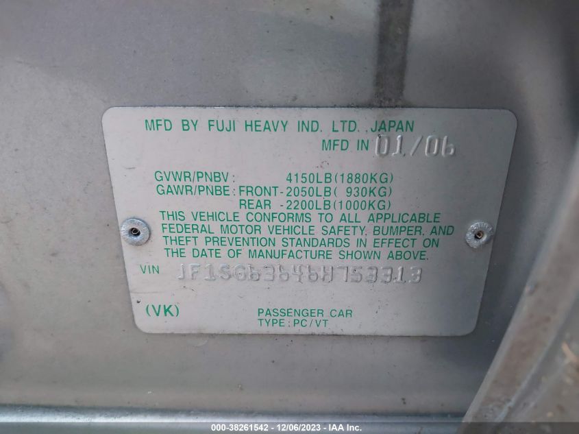 2006 Subaru Forester 2.5X VIN: JF1SG63646H753313 Lot: 38261542