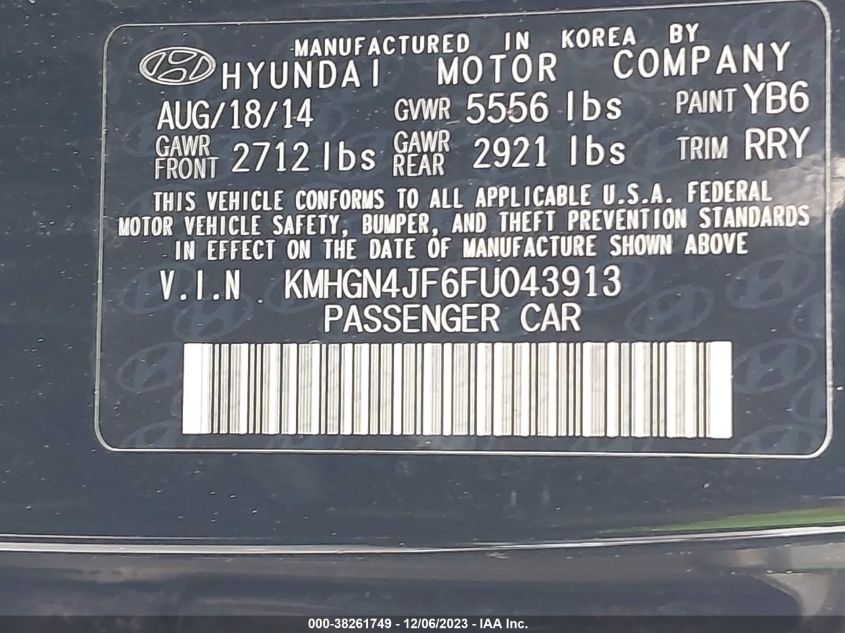 2015 Hyundai Genesis 5.0L VIN: KMHGN4JF6FU043913 Lot: 38261749