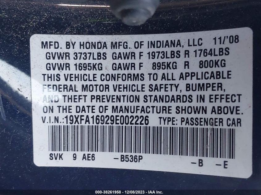 2009 Honda Civic Ex-L VIN: 19XFA16929E002226 Lot: 38261958