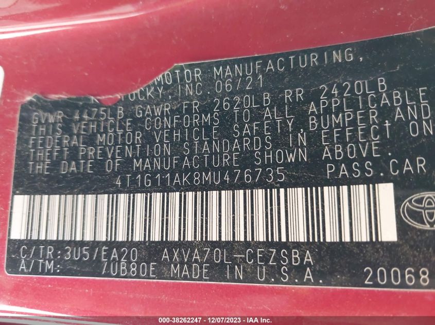 4T1G11AK8MU476735 2021 Toyota Camry Se