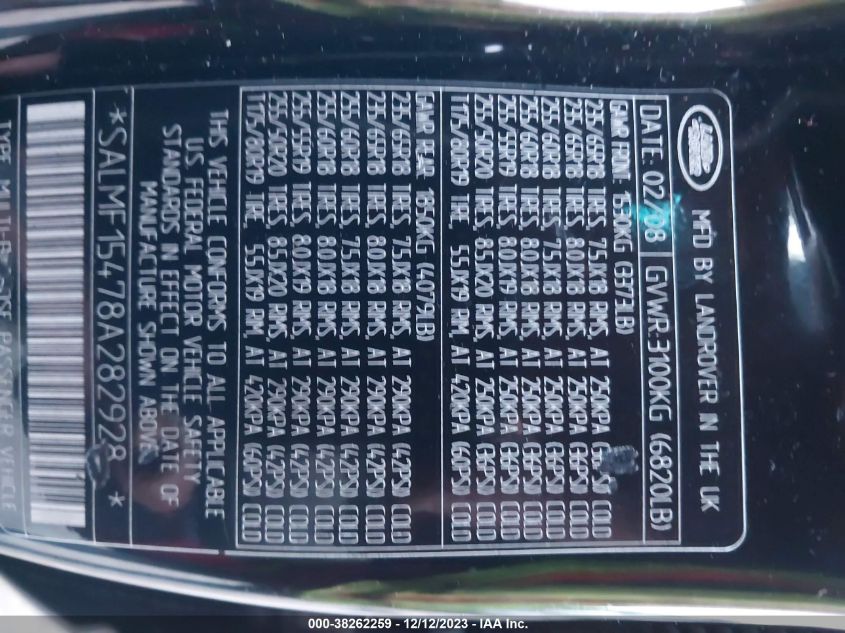 2008 Land Rover Range Rover Hse VIN: SALMF15478A282928 Lot: 38262259