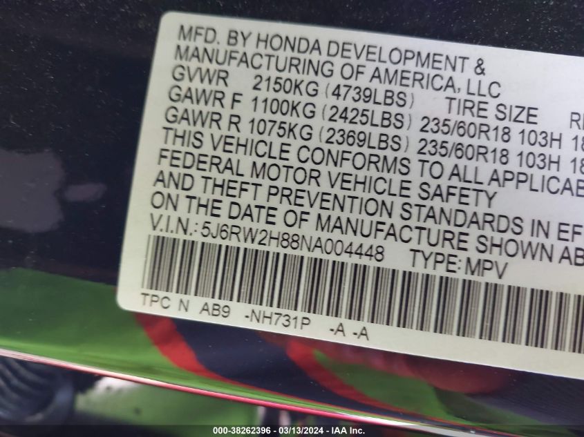 2022 Honda Cr-V Awd Ex-L VIN: 5J6RW2H88NA004448 Lot: 38262396