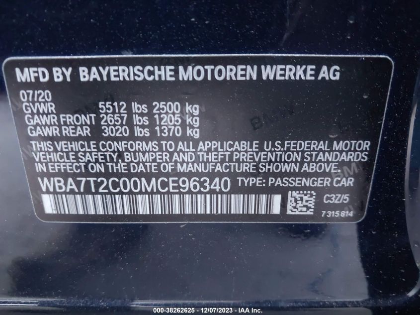 2021 BMW 7 Series 740I VIN: WBA7T2C00MCE96340 Lot: 38262625