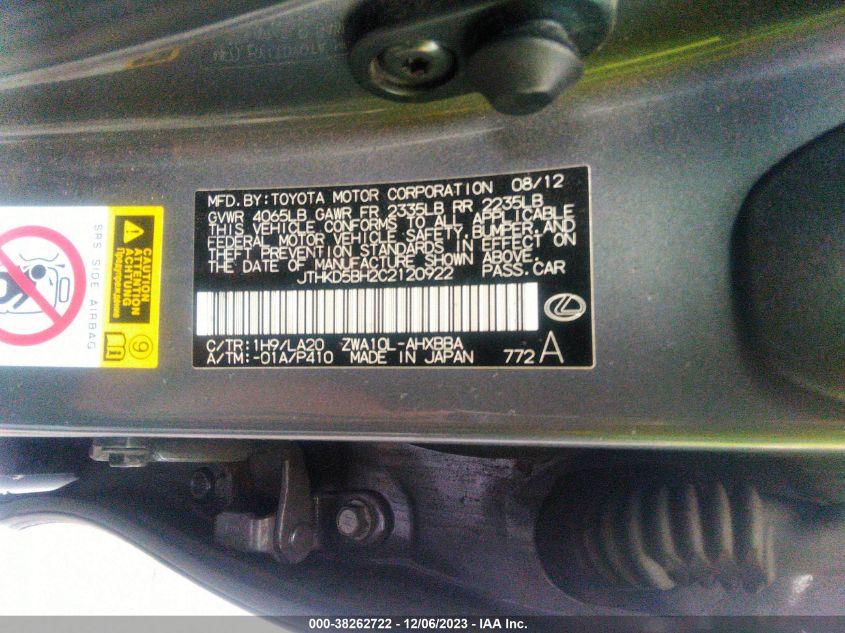 2012 Lexus Ct 200H Premium VIN: JTHKD5BH2C2120922 Lot: 38262722