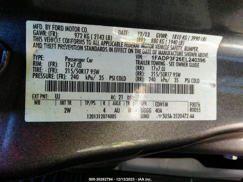 1FADP3F26EL240396 2014 Ford Focus Se