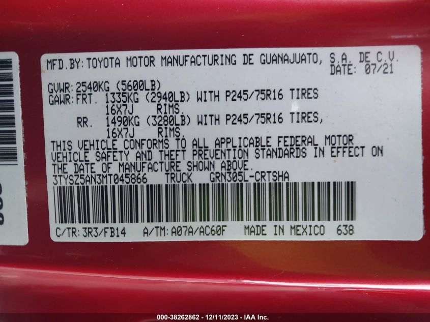 2021 Toyota Tacoma Sr V6 VIN: 3TYSZ5AN3MT045866 Lot: 38262862