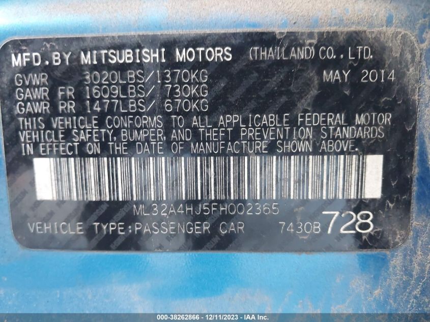 ML32A4HJ5FH002365 2015 Mitsubishi Mirage Es