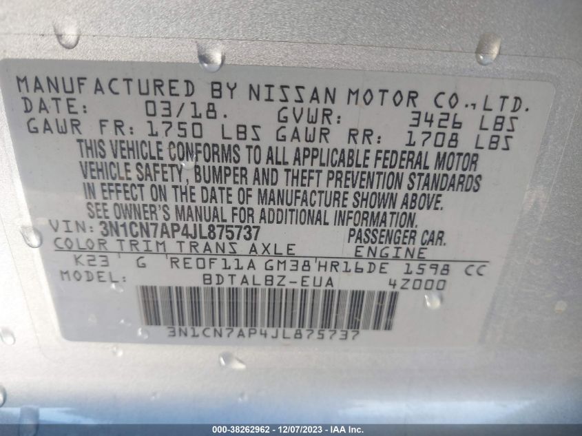 3N1CN7AP4JL875737 2018 Nissan Versa 1.6 Sv