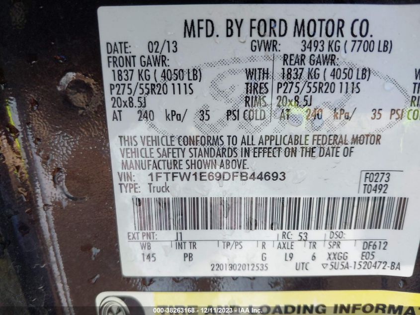 1FTFW1E69DFB44693 2013 Ford F-150 Platinum