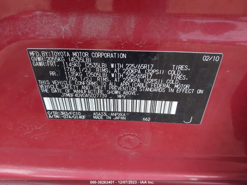 JTMBF4DV0A5027739 2010 Toyota Rav4 Base (A4)