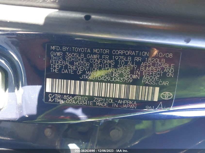 2009 Scion Xd VIN: JTKKU10429J043759 Lot: 38263890