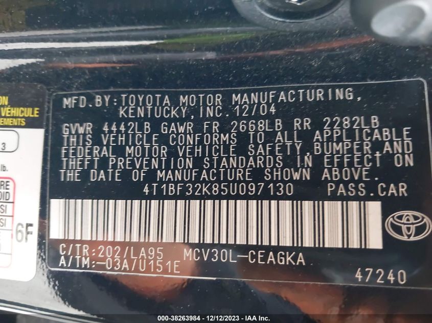 4T1BF32K85U097130 2005 Toyota Camry Xle V6