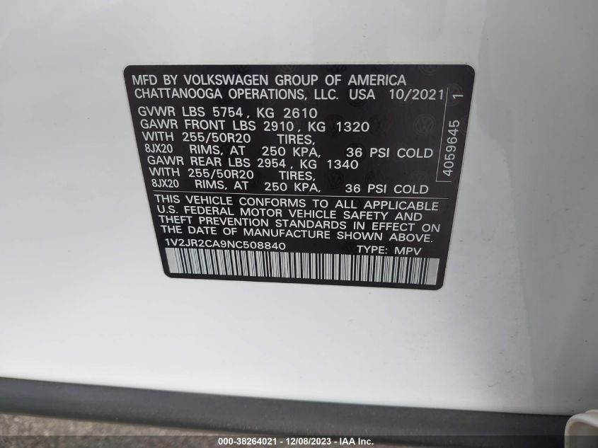 1V2JR2CA9NC508840 2022 Volkswagen Atlas 3.6L V6 Se W/Technology