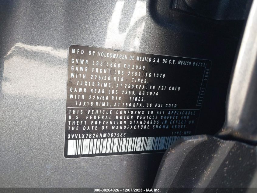 2022 Volkswagen Taos 1.5T Se VIN: 3VVLX7B26NM067983 Lot: 38264026