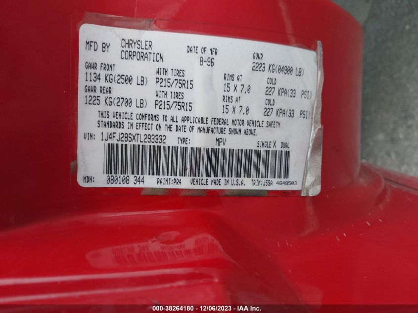 1996 Jeep Cherokee Se VIN: 1J4FJ28SXTL293332 Lot: 38264180