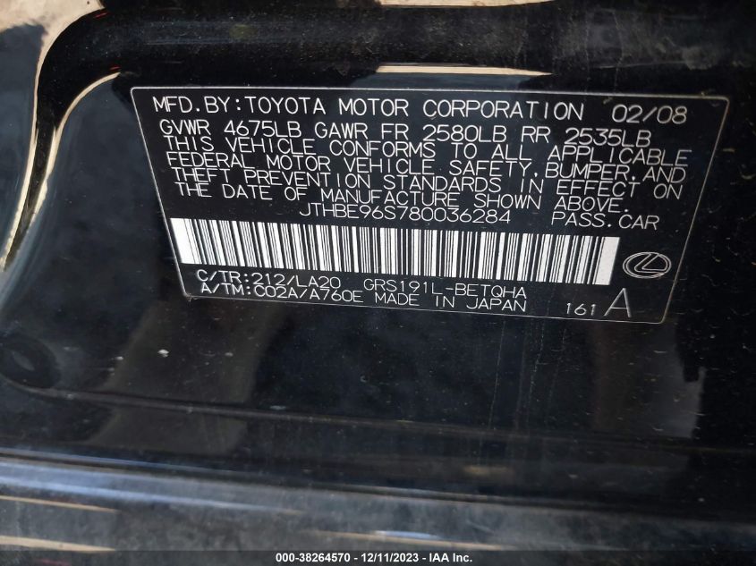 2008 Lexus Gs 350 VIN: JTHBE96S780036284 Lot: 38264570