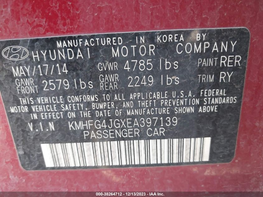 KMHFG4JGXEA397139 2014 Hyundai Azera