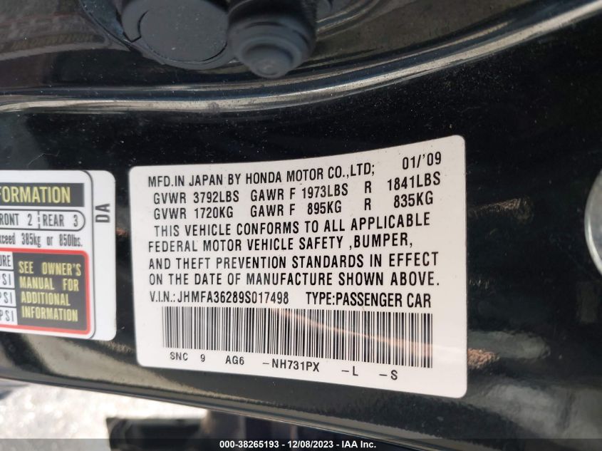 JHMFA36289S017498 2009 Honda Civic Hybrid