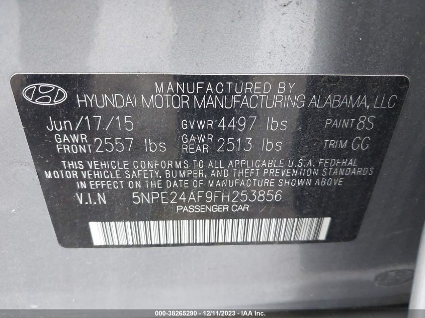 2015 Hyundai Sonata Se VIN: 5NPE24AF9FH253856 Lot: 38265290