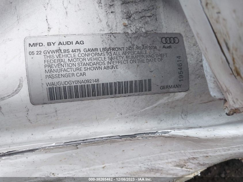 2022 Audi A3 Premium 40 Tfsi Quattro S Tronic VIN: WAUGUDGY0NA092148 Lot: 38265462