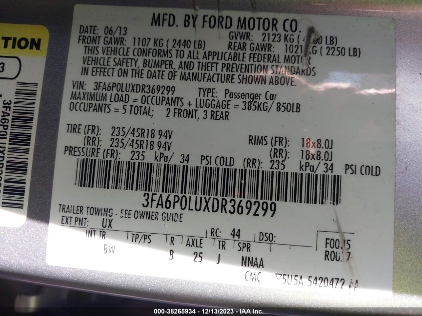 2013 Ford Fusion Hybrid Se VIN: 3FA6P0LUXDR369299 Lot: 38265934